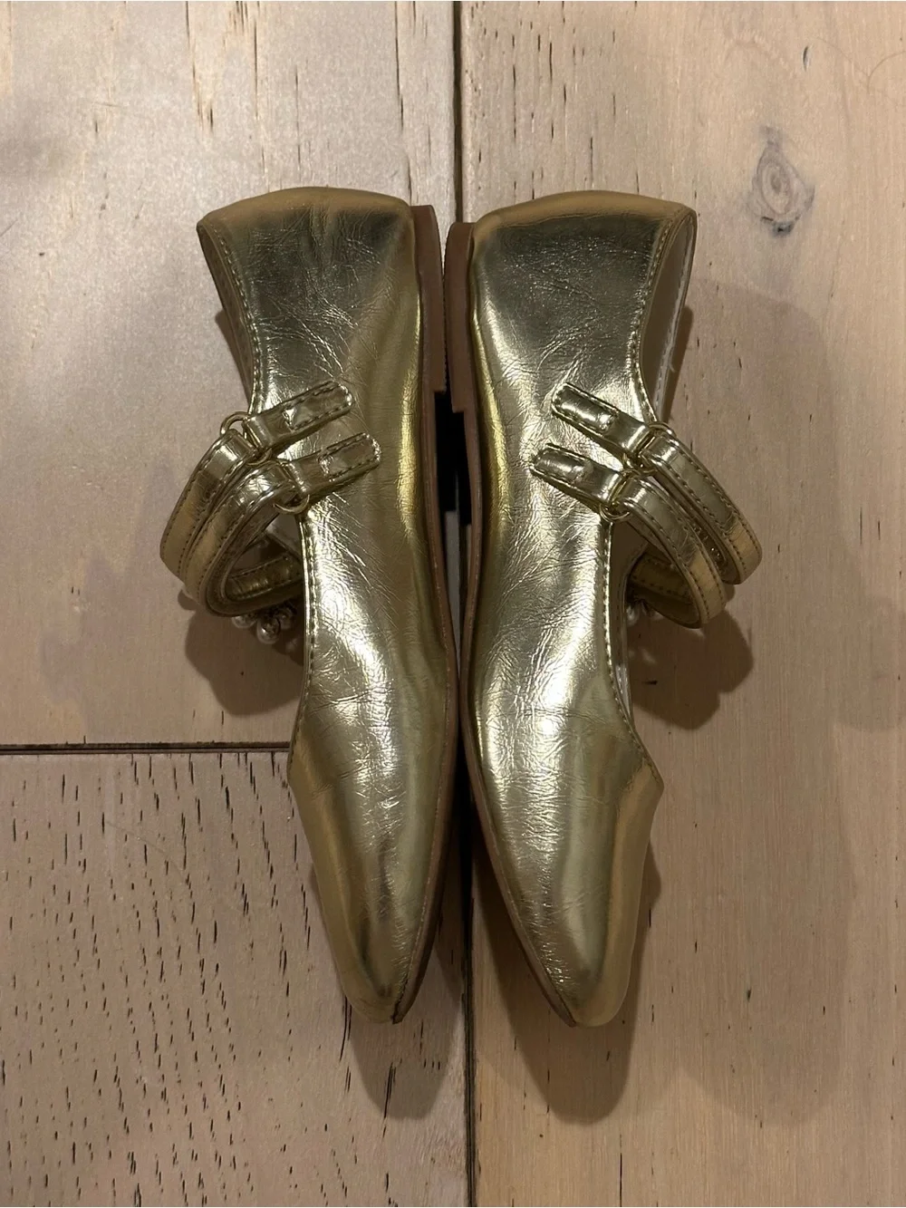 Mango Gold Mary Jane Shoes with Pearl Cluster